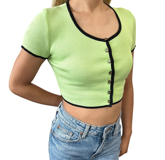 CHANEL Vintage 95P CC Logo Button Knit Cropped Ribbed T-shirt #38 Green Cotton