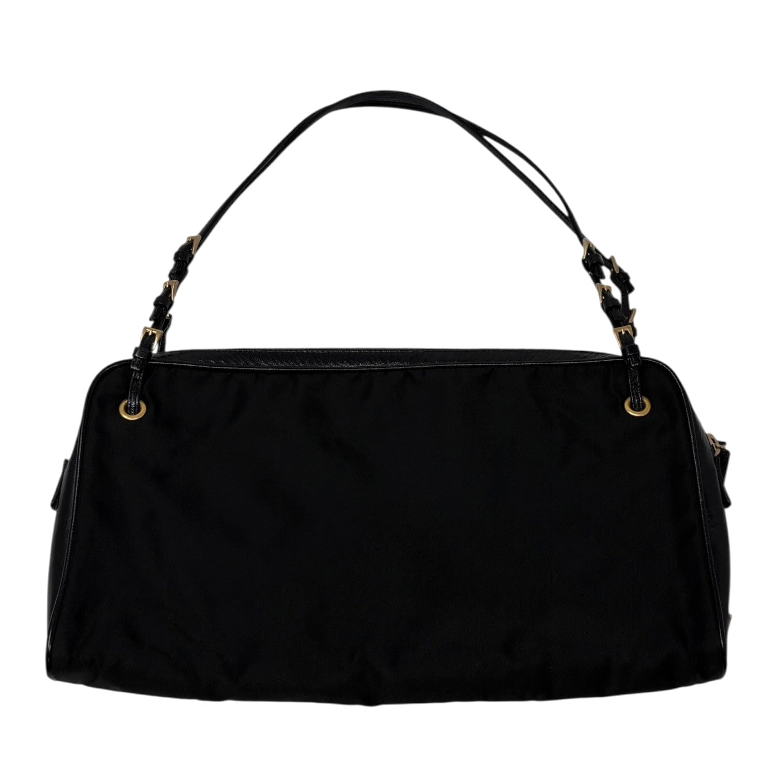 PRADA Vintage Logo Pochette Mini Shoulder Bag Black Gold Nylon Zip Leather