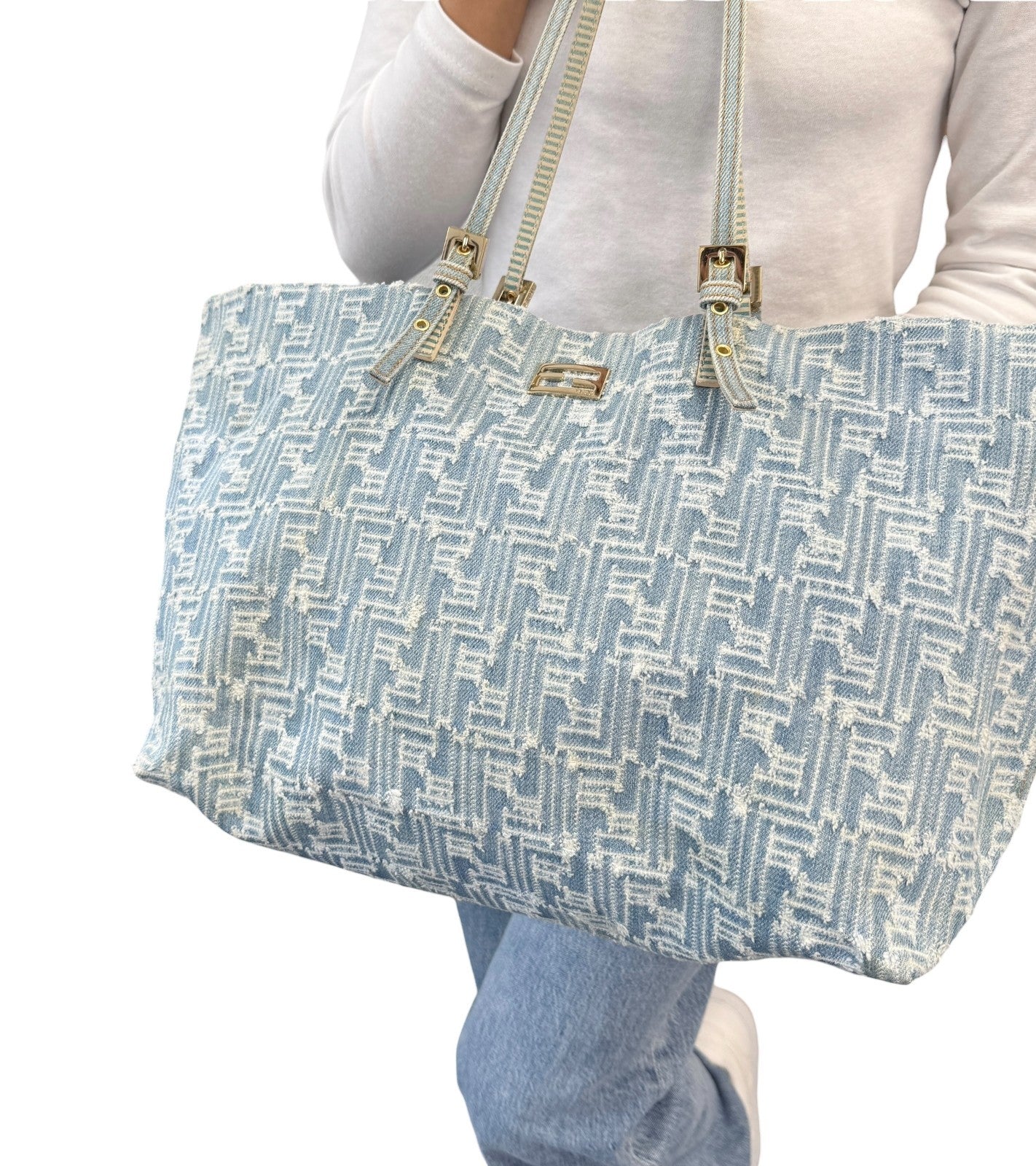 FENDI Vintage Zucca Monogram Denim Shoulder Tote Large Bag Blue FF Logo