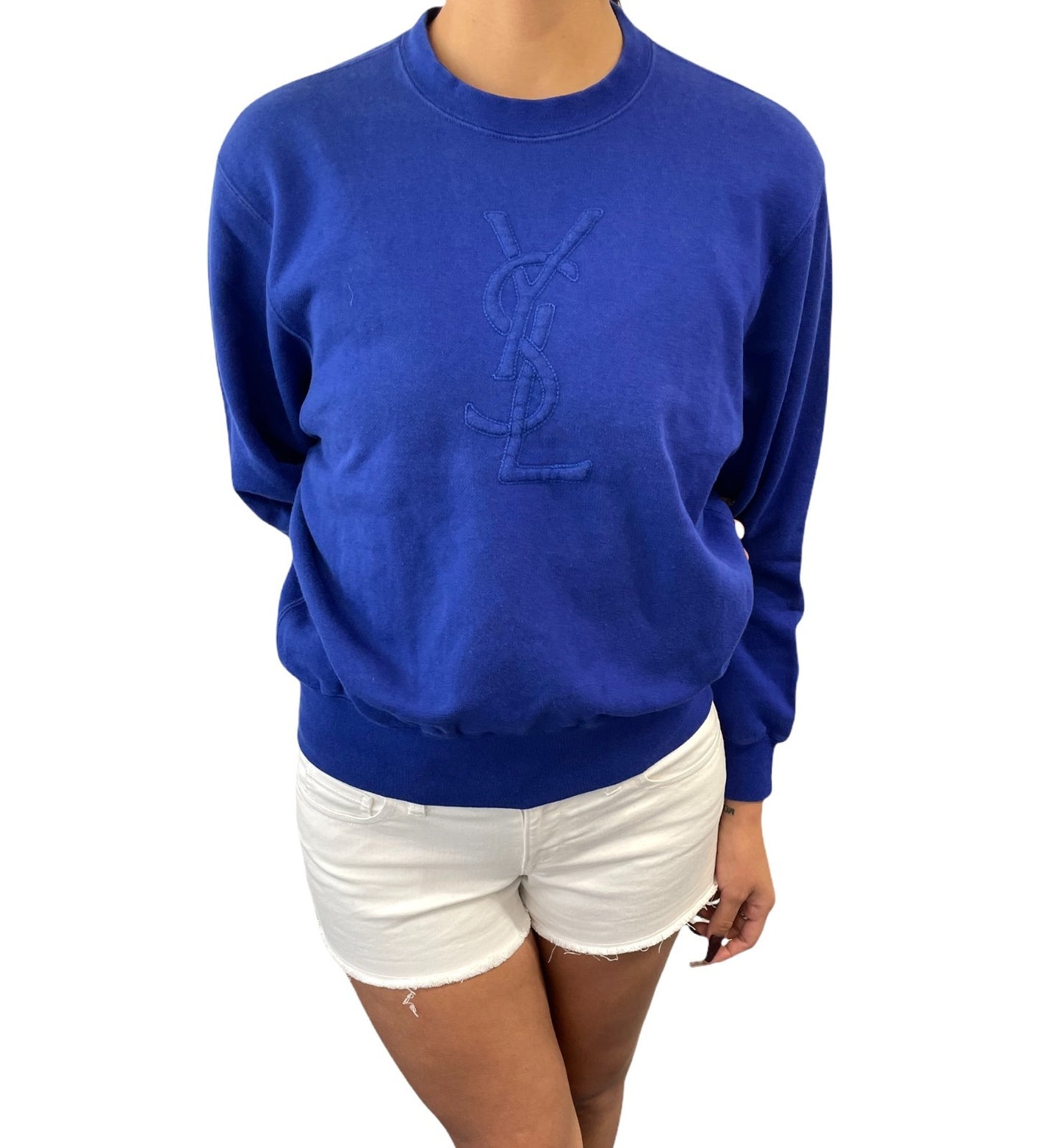 Yves Saint Laurent Vintage Embroidered YSL Big Logo Sweatshirt Top #M Blue