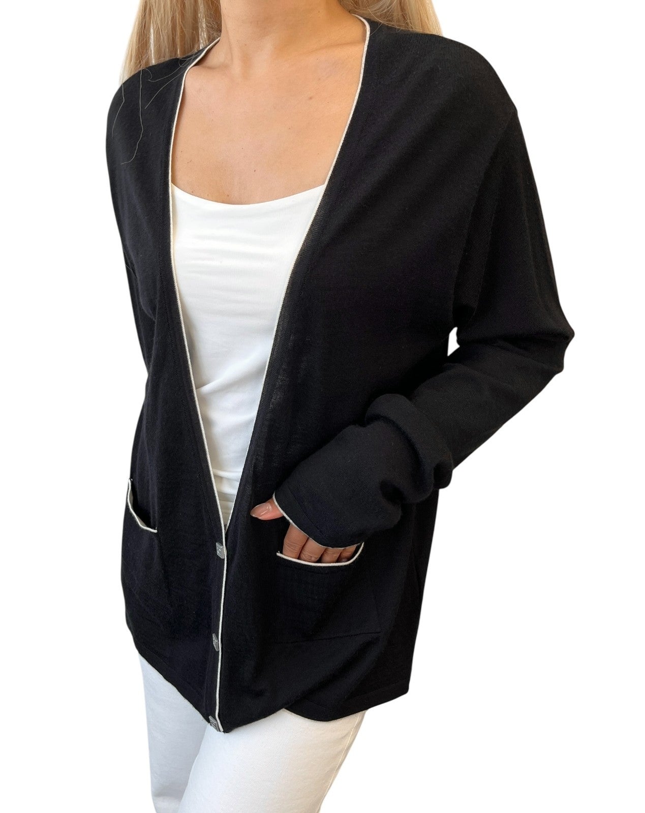 CHANEL Sport Vintage 06A CC Mark Logo Knit Cardigan #46 Black White Silk Wool