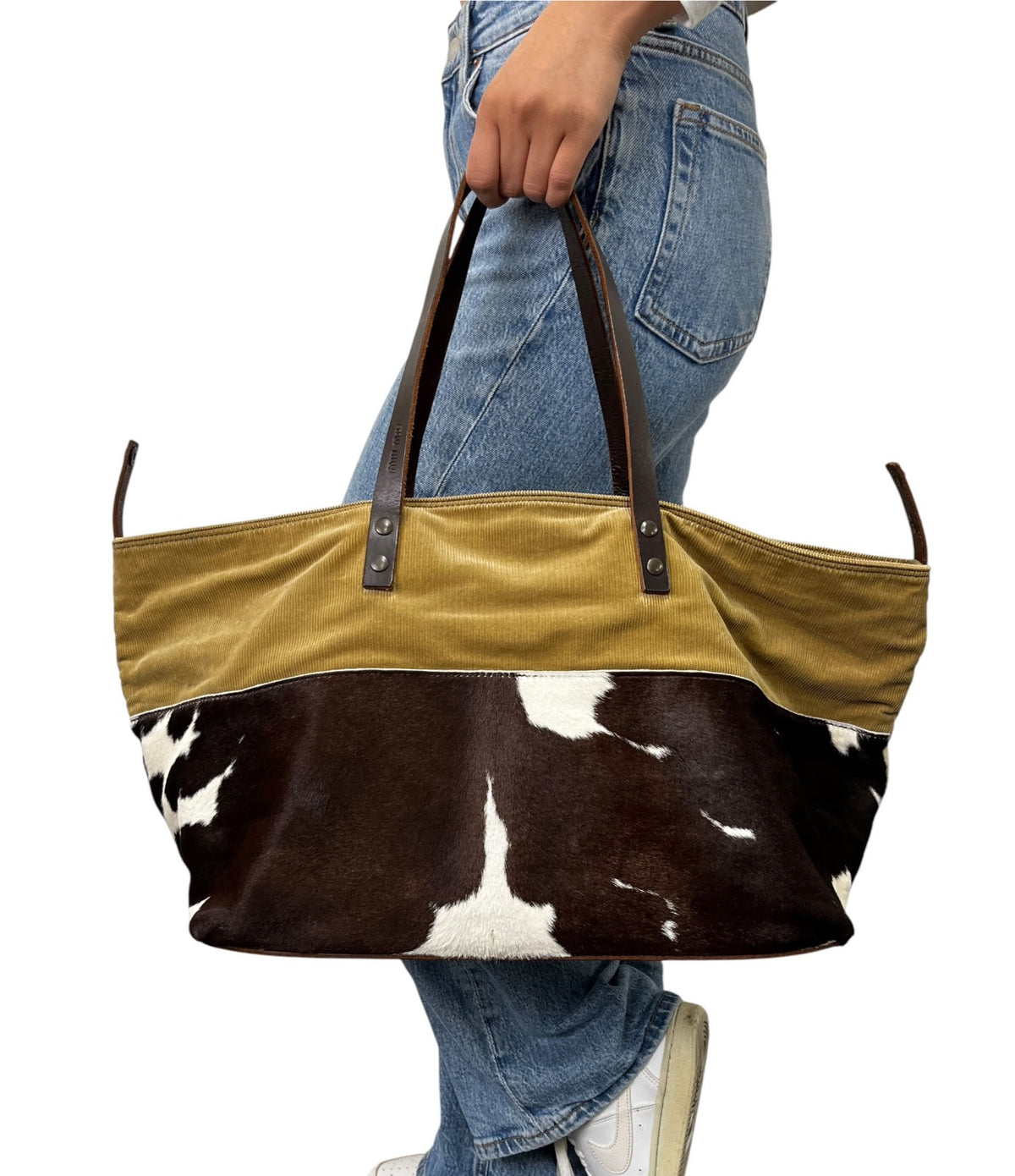 miu miu Vintage Pony Calf Hair Shoulder Bag Brown Beige White Corduroy 902372