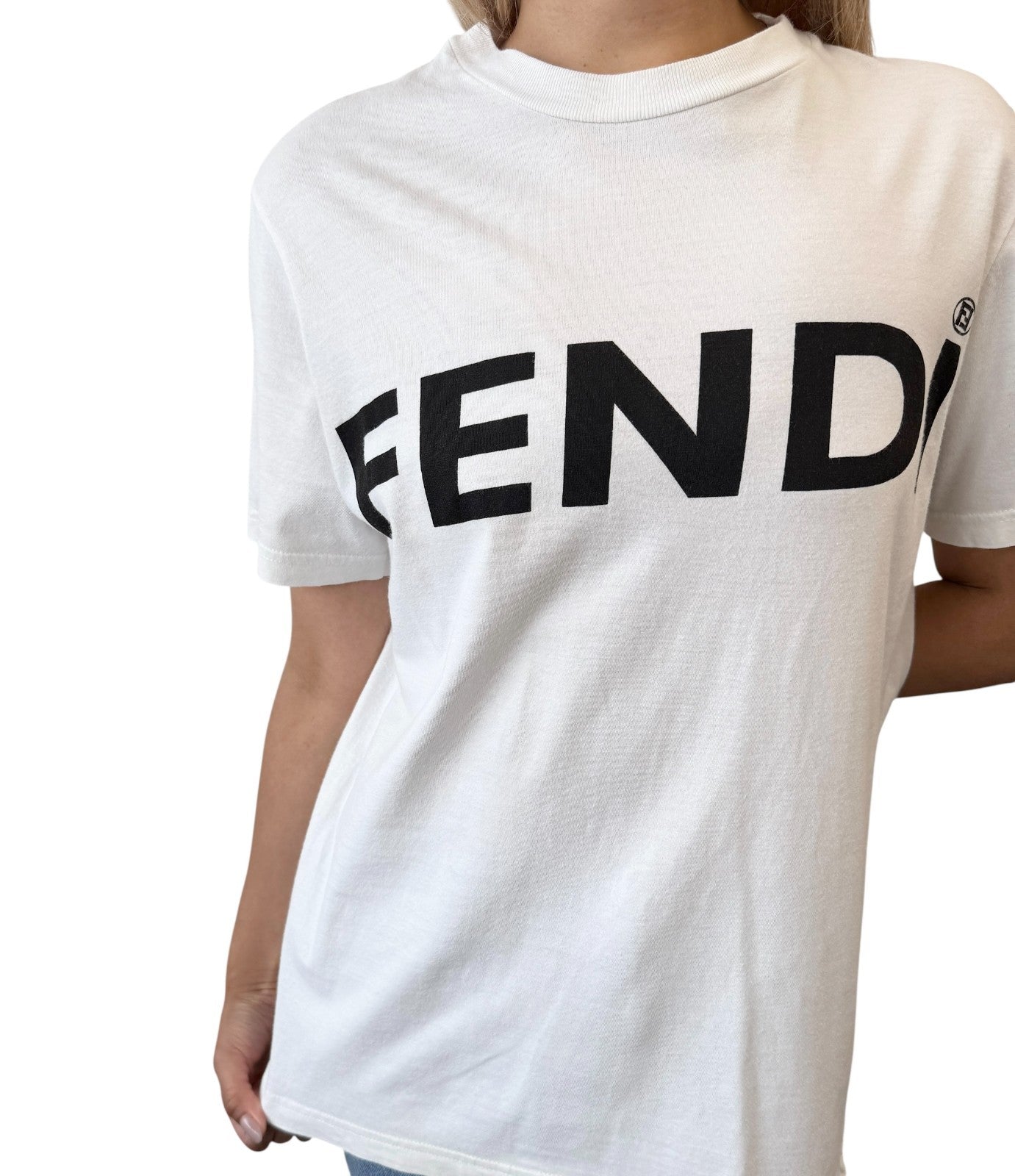 FENDI Vintage Big Logo T-shirt Top #40 White Black Cotton Short Sleeve