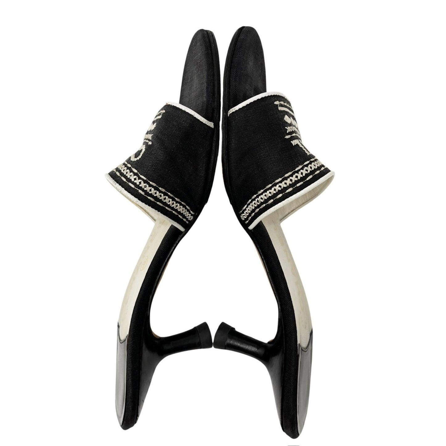 CHANEL Vintage CC Mark Logo Sandals Heels #36 Stitch Black White Cotton Leather