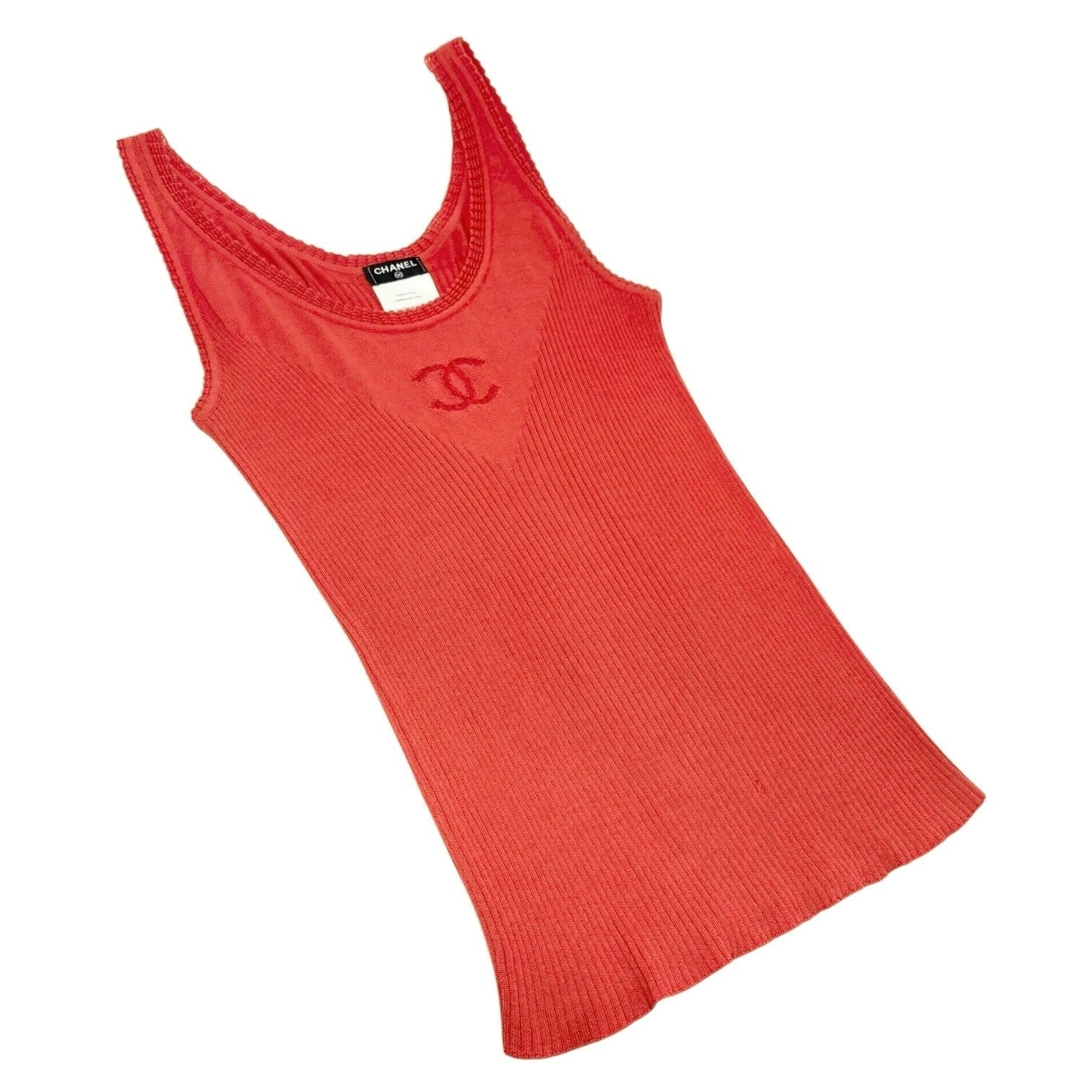 CHANEL Vintage P37822 See-through CC Logo Rib Knit Tank Top Red Cotton Silk