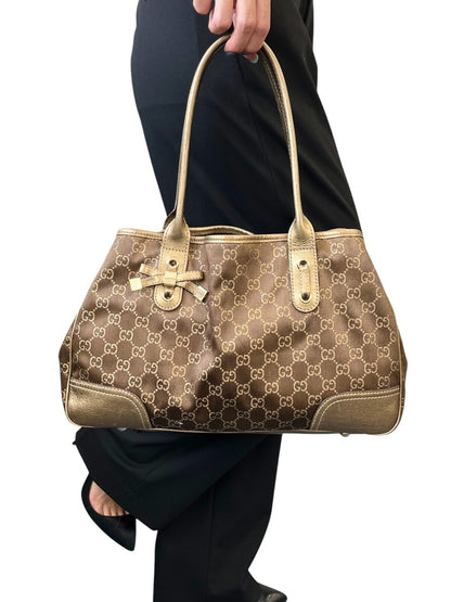 GUCCI Vintage GG Monogram Logo Princy Shoulder Bag Brown Gold Satin Leather