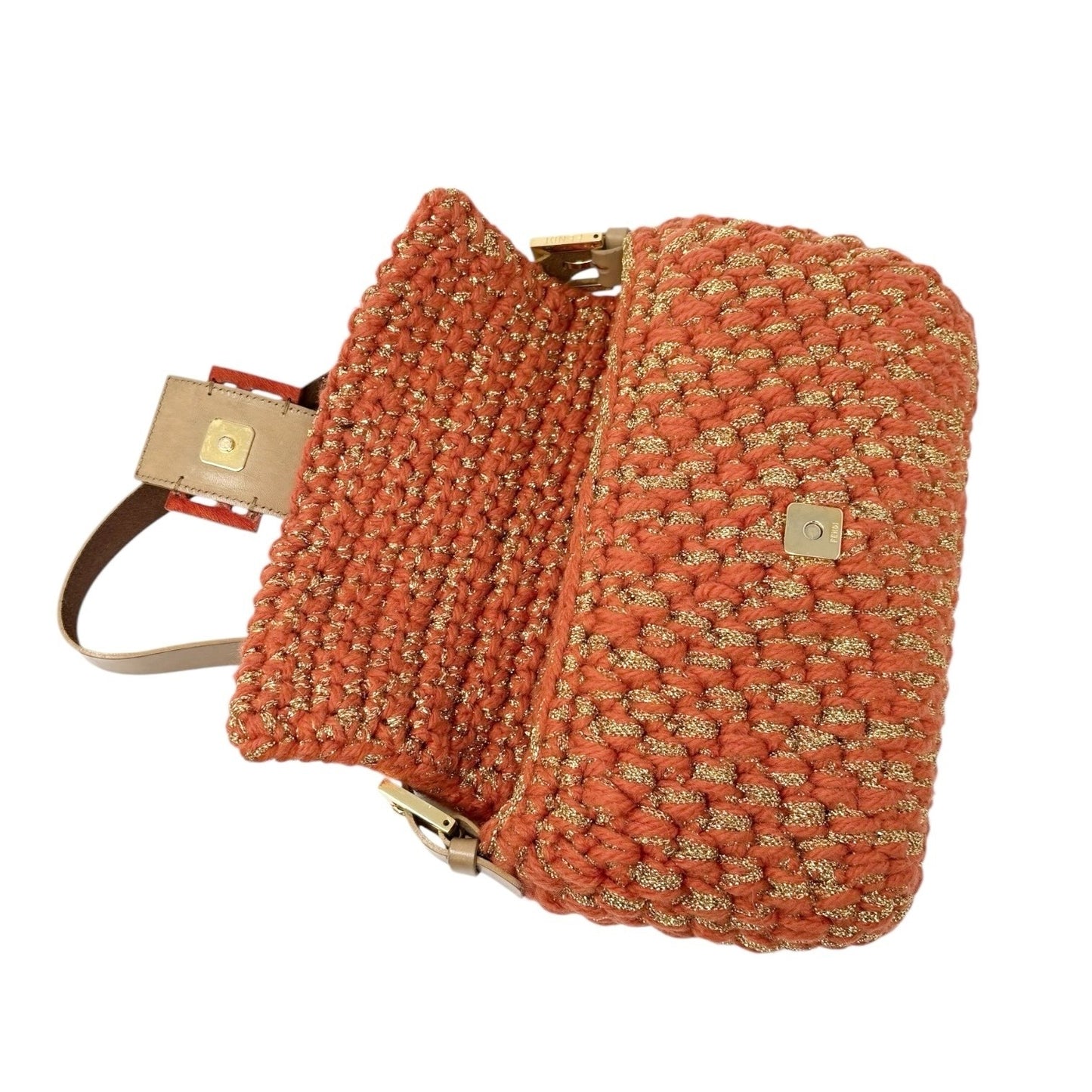 FENDI Vintage FF Mamma Baguette Wool Knit Shoulder Bag Glitter Orange Beige