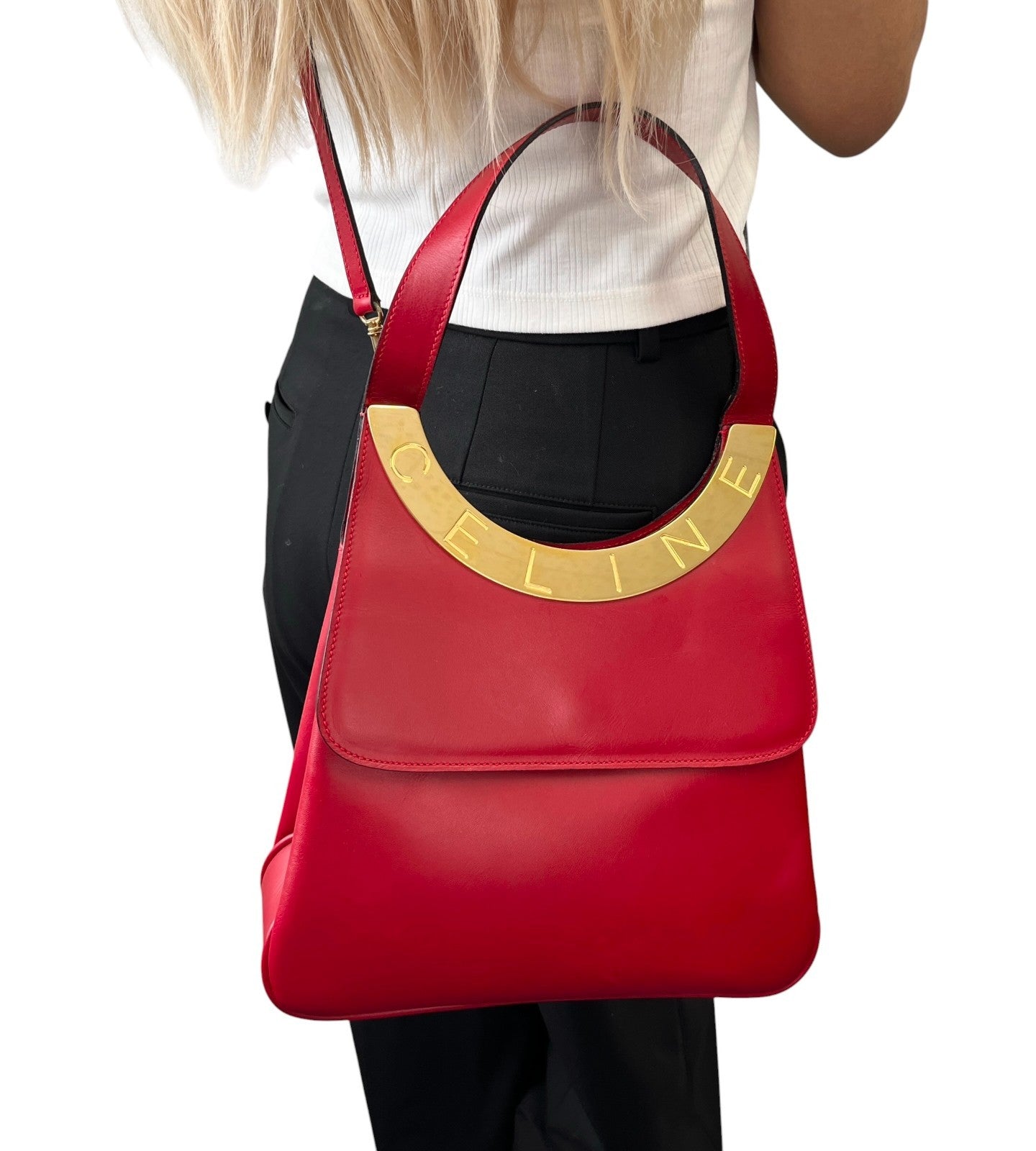 CELINE Vintage Logo Circle Flap 2way Shoulder Bag Red Gold Leather 902080