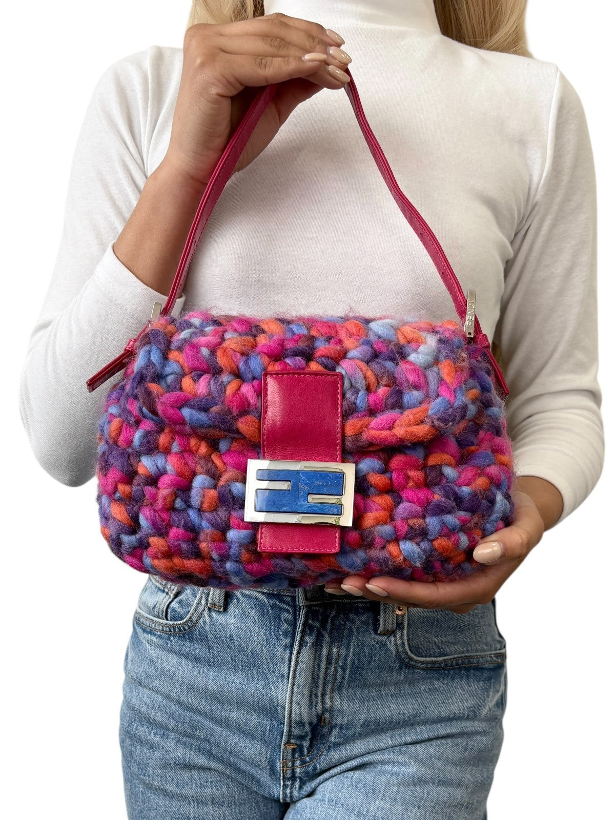 FENDI Vintage FF Logo Crochet Mamma Baguette Shoulder Bag Pink Multicolor Wool