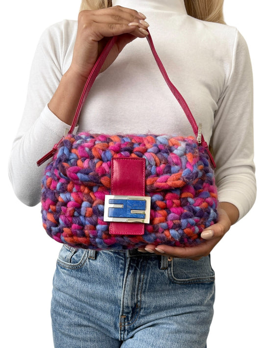 FENDI Vintage FF Logo Crochet Mamma Baguette Shoulder Bag Pink Multicolor Wool