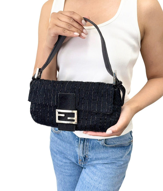 FENDI Vintage FF Logo Beads Knit Mamma Baguette Shoulder Bag Black 901891