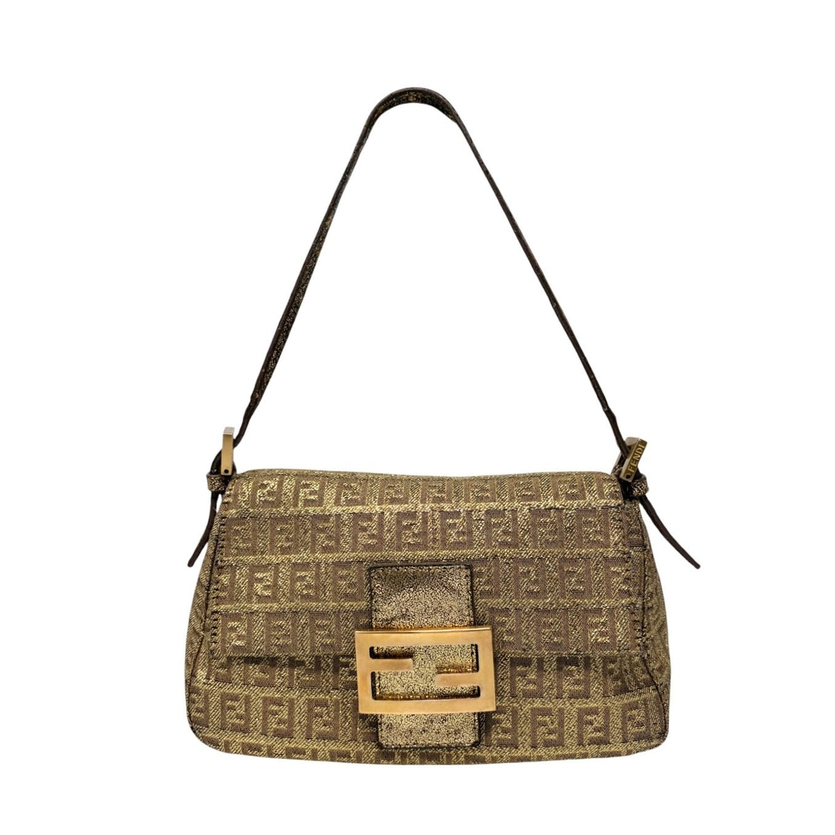 FENDI Vintage FF Logo Mamma Baguette Mini Shoulder Bag Pochette Gold 902053