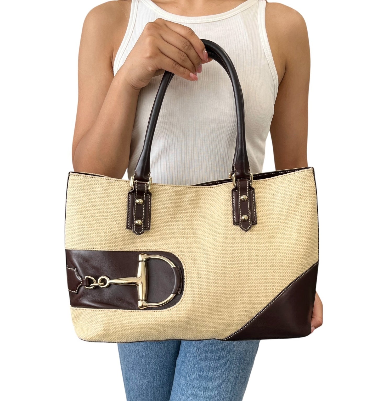 GUCCI Vintage Horsebit Shoulder Tote Bag Beige Brown Silver Cotton Leather