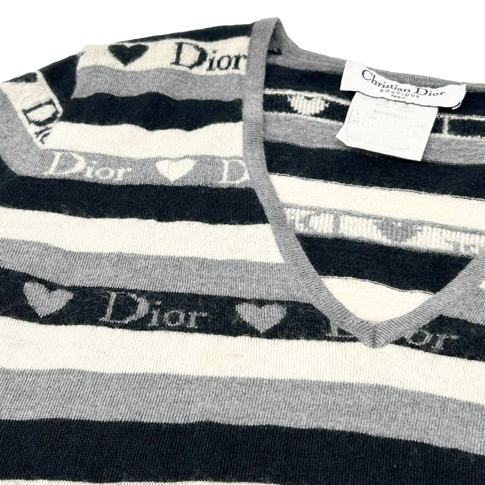 Christian Dior Vintage Logo Knit Top #42 Gray Black Heart Wool Stripe Rank B