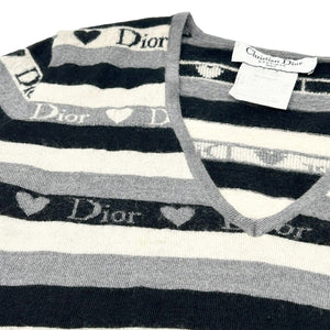 Christian Dior Vintage Logo Knit Top #42 Gray Black Heart Wool Stripe Rank B