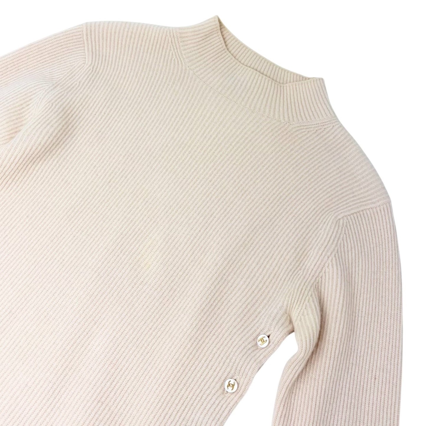 CHANEL Vintage CC Logo Button Rib Knit Cashmere Sweater Top #S Cream 106909