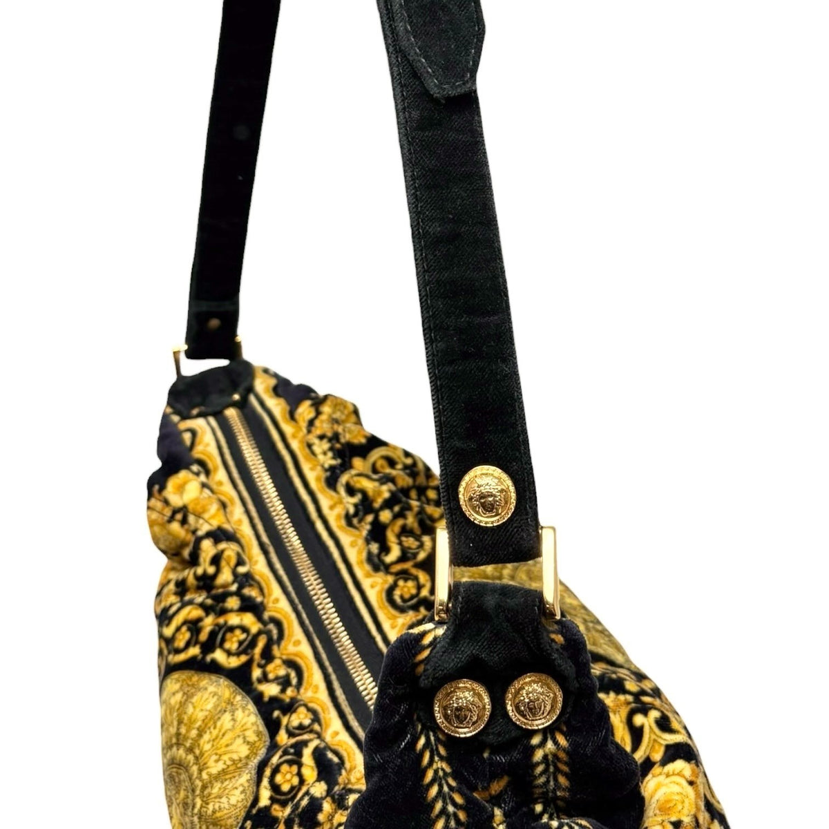 VERSACE Vintage Sunburst Logo Barocco Velvet Hobo Shoulder Bag Yellow 902307