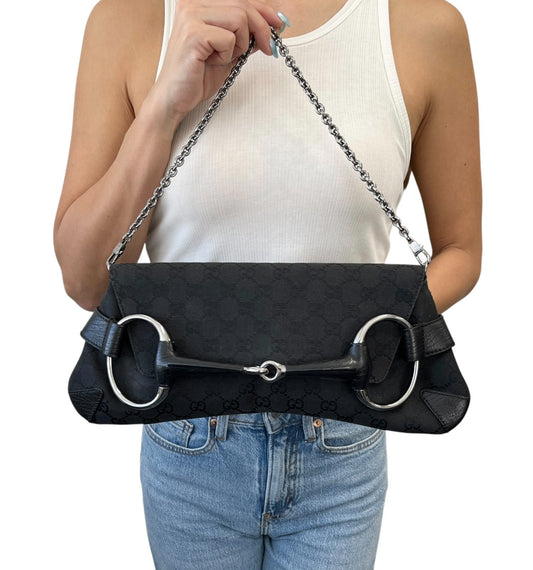 GUCCI Vintage Horsebit GG Monogram Chain Shoulder Bag Black Silver 902485