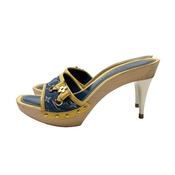 LOUIS VUITTON Vintage Logo Monogram Sandals Heels #36 Blue Yellow Leather