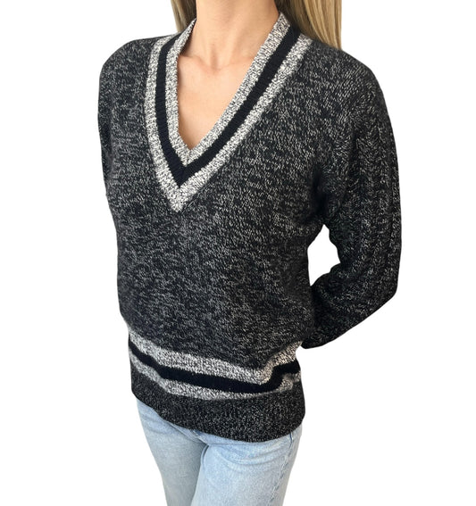 CHANEL Vintage 96A Big CC Logo Knit Cashmere Sweater Top #42 Gray Black 902394