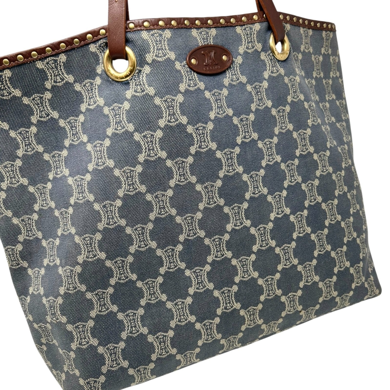 CELINE Vintage Macadam Monogram Logo Denim Tote Bag Blue Gold Cotton Leather