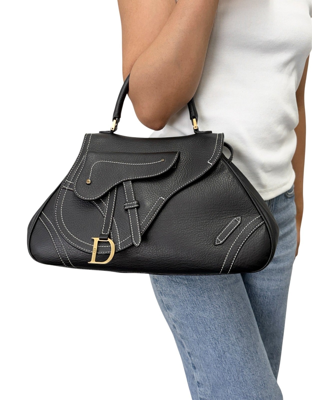 Christian Dior Vintage Double Saddle Stitch 2way Bag  Black Leather 902446