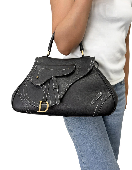 Christian Dior Vintage Double Saddle Stitch 2way Bag  Black Leather 902446