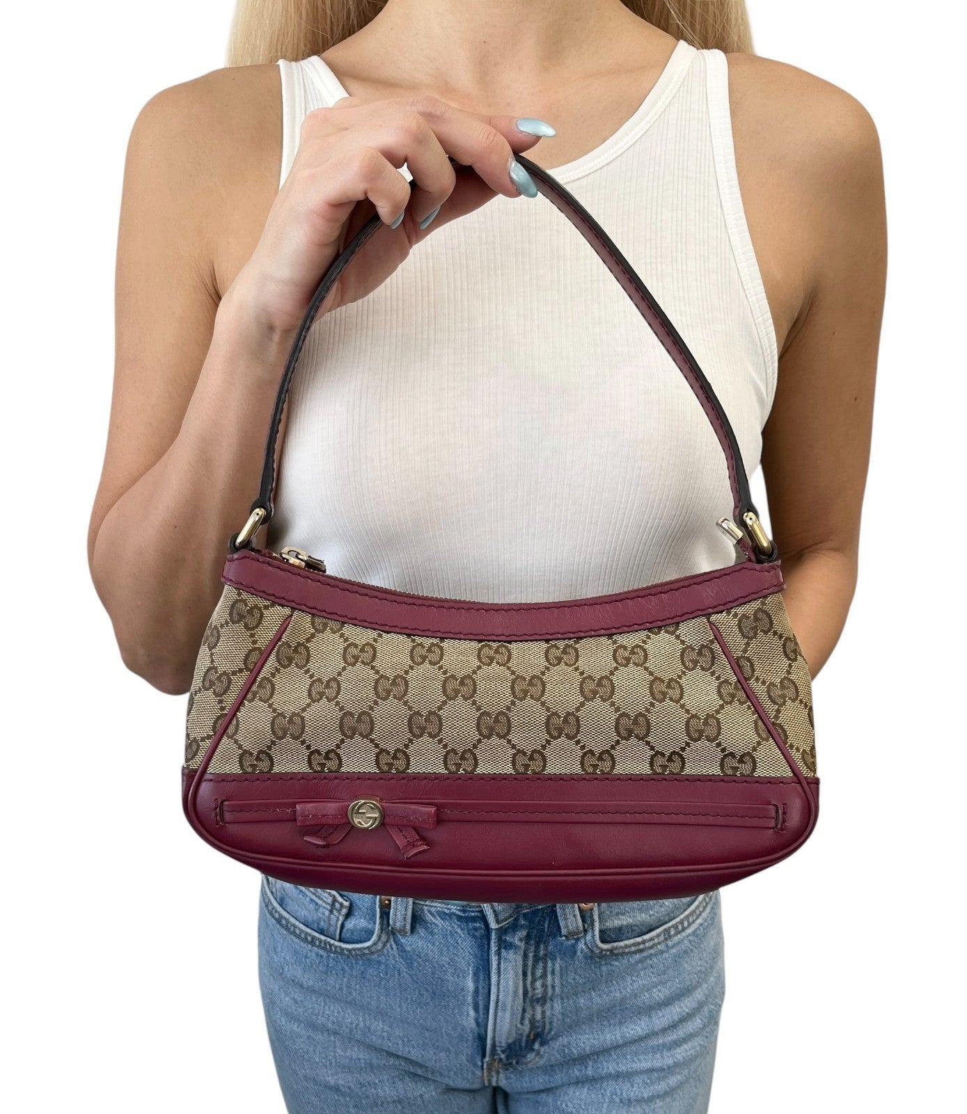 GUCCI Vintage GG Logo Monogram Canvas Mayfair Shoulder Bag Beige Pink Ribbon