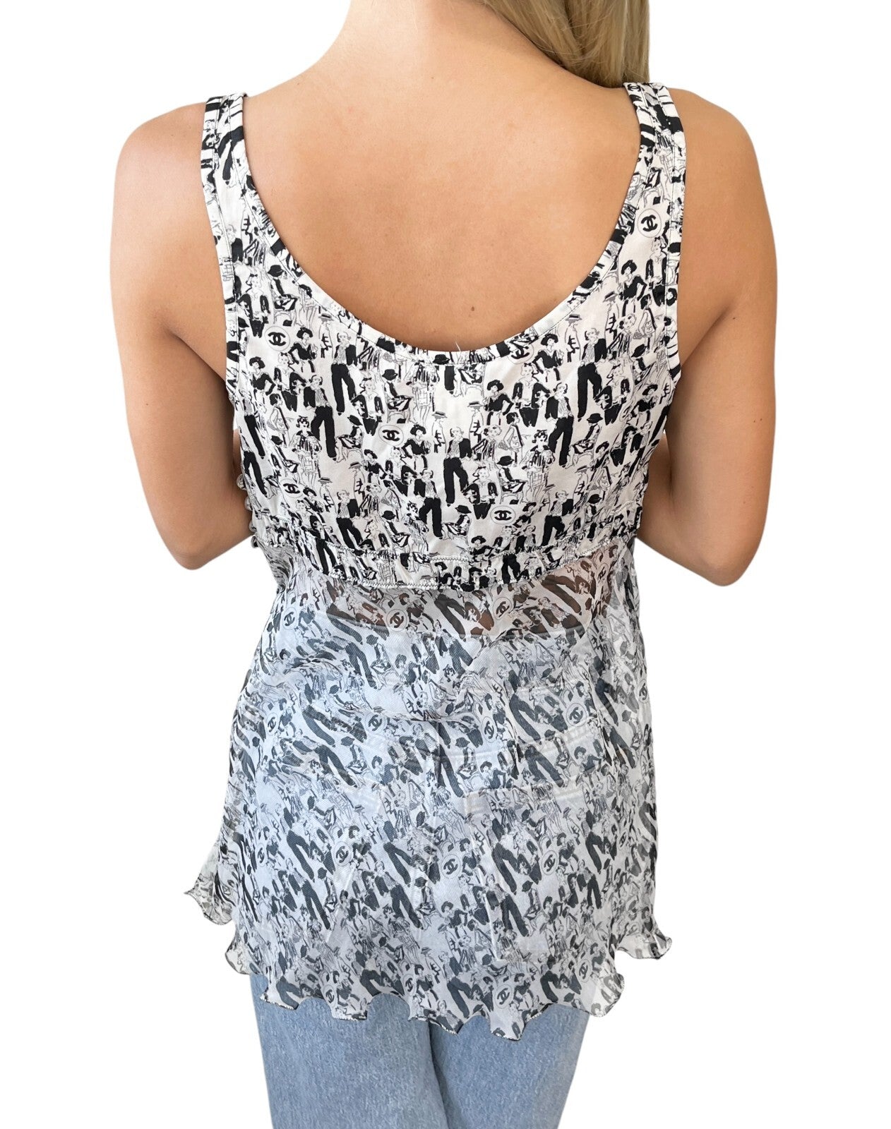CHANEL Vintage 03P CC Logo Lace Tunic Top #38 Button Frill White Black Silk