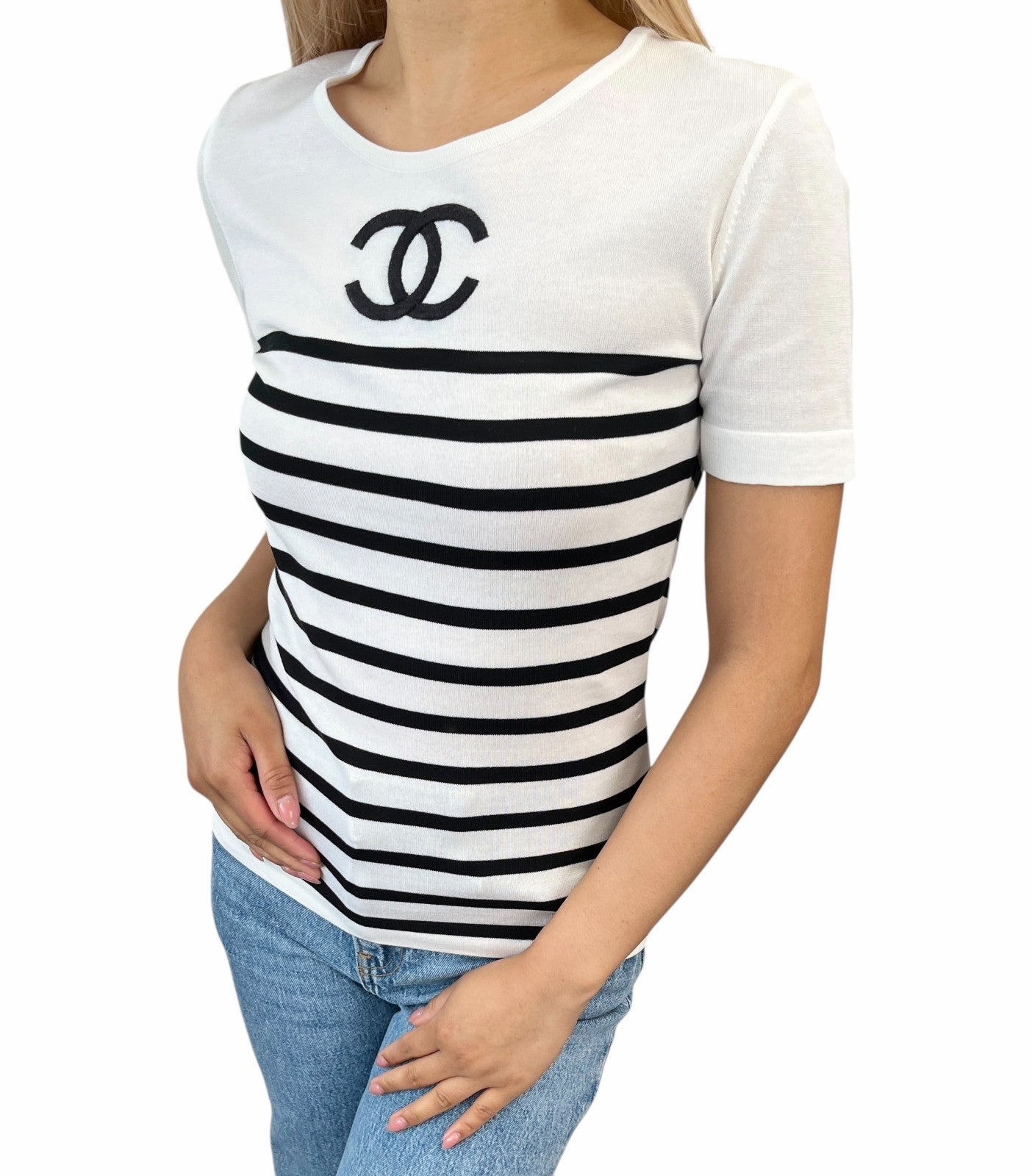 CHANEL Vintage CC Logo Strip T-shirt Top #38 White Black Cotton Short Sleeve