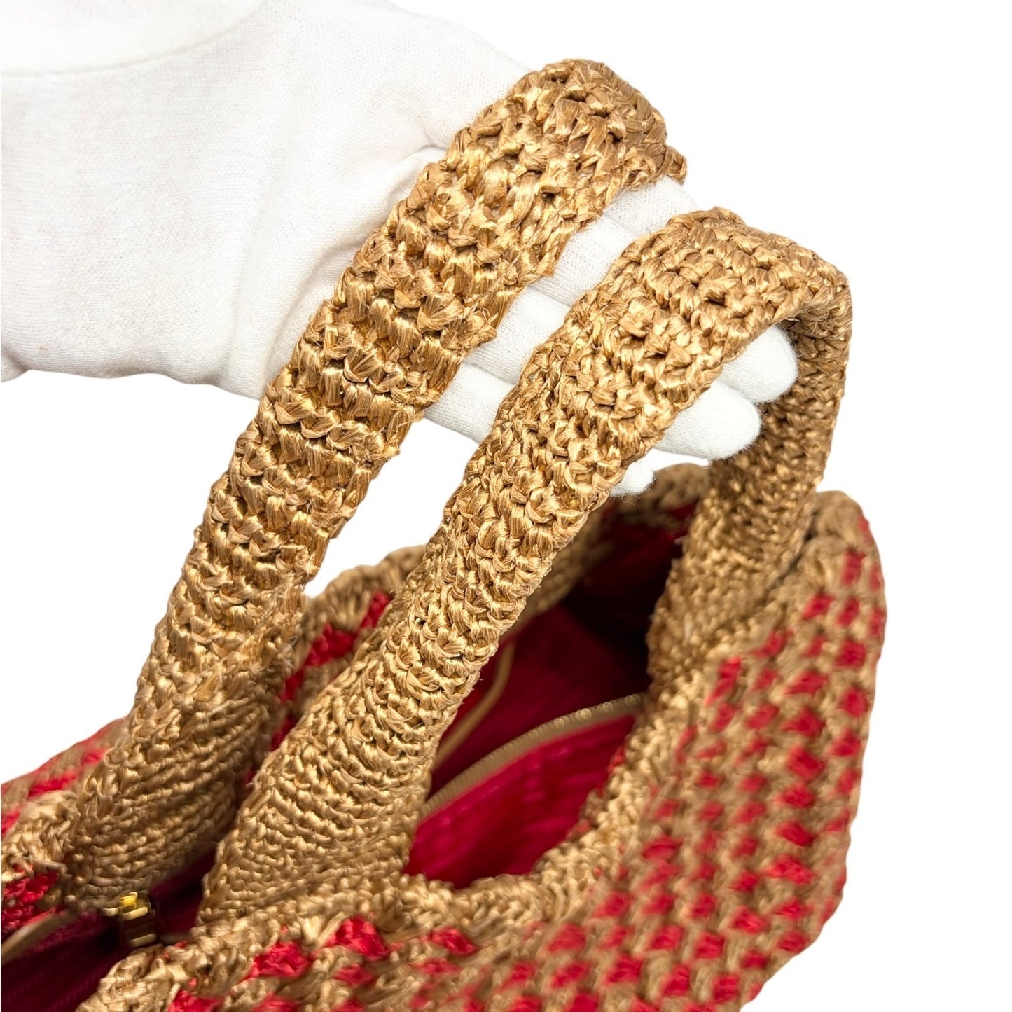 PRADA Vintage Triangle Logo Raffia Canapa Tote Bag Brown Red Crochet 902049