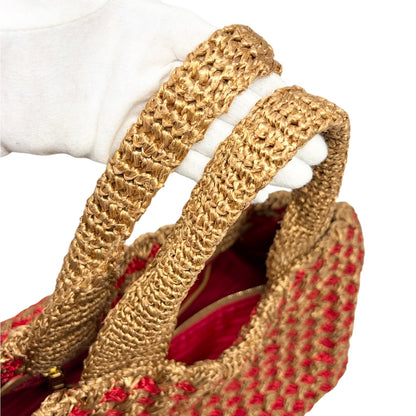 PRADA Vintage Triangle Logo Raffia Canapa Tote Bag Brown Red Crochet 902049