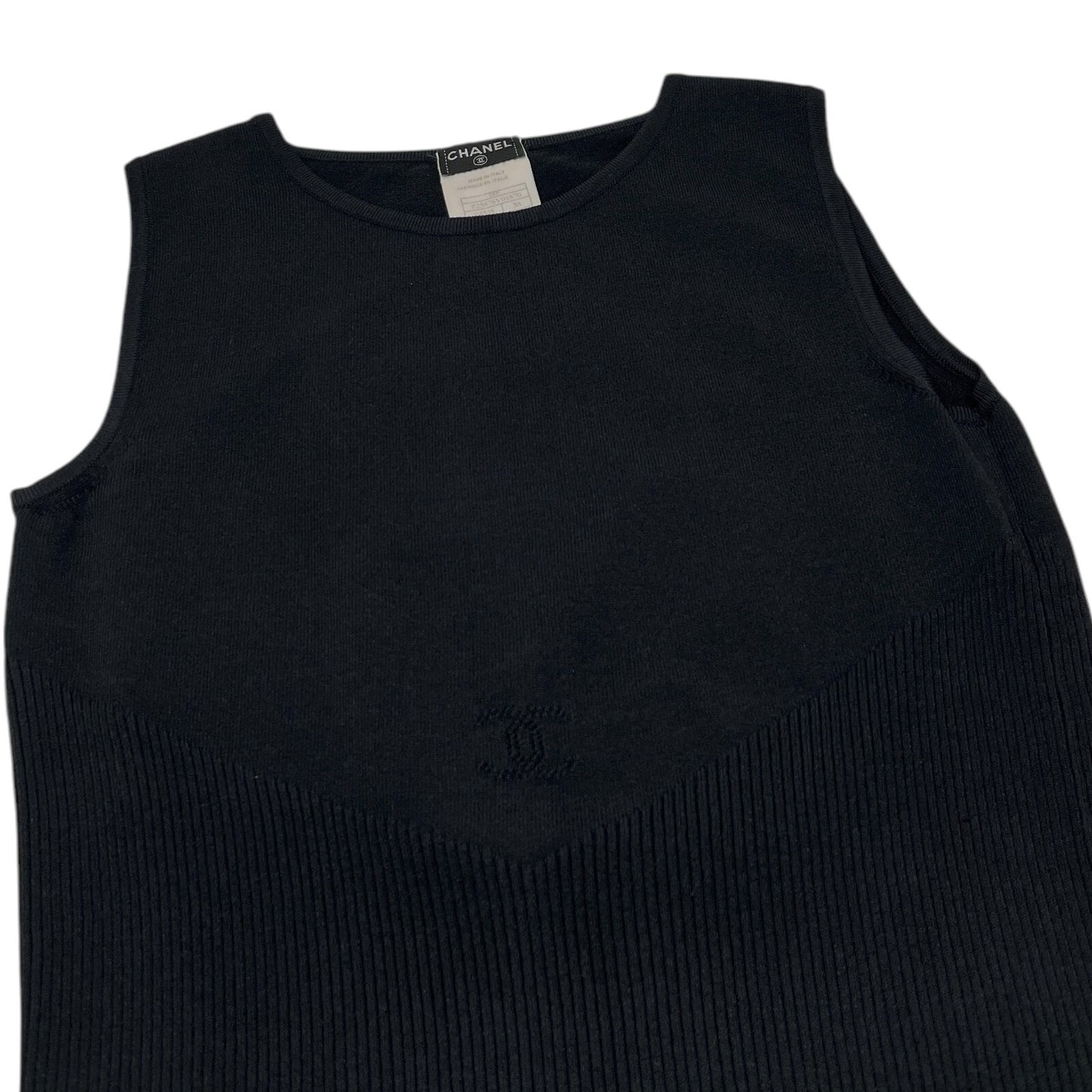 CHANEL Vintage 05P CC Logo Summer Knit Tank Top #38 Rib Round Neck Black Cotton