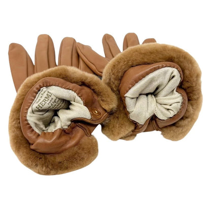 HERMES Vintage Kelly Cadena Fur Trim Lambskin Leather Gloves #7.5 Brown 902357