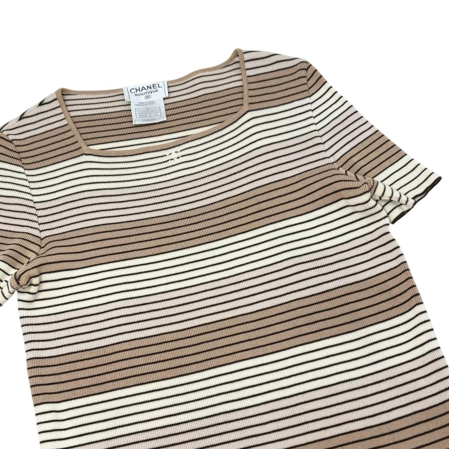 CHANEL Vintage 98P CC Mark Logo Stripe Knit T-shirt Top #44 Beige Brown Pullover