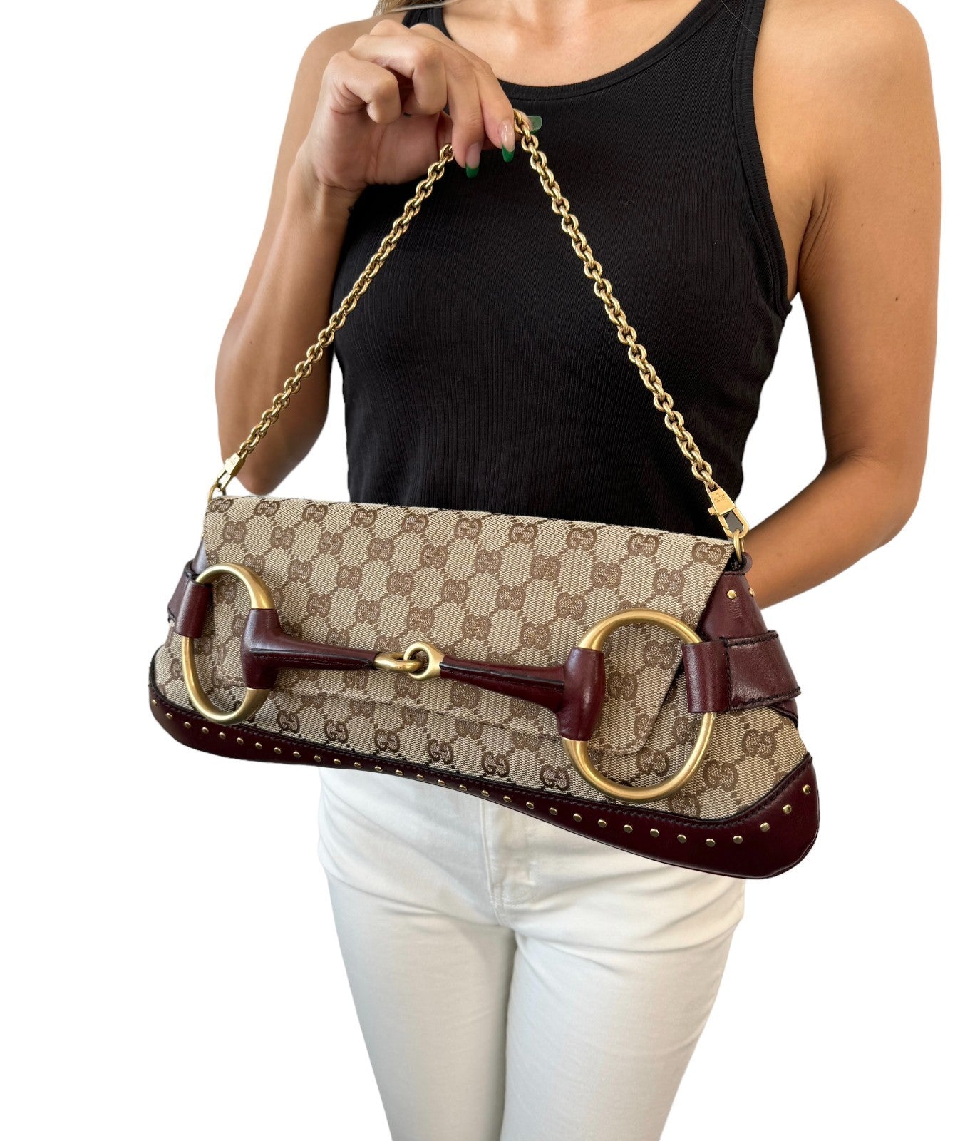 GUCCI Vintage Horsebit GG Monogram Chain Shoulder Bag Studs Beige 901830