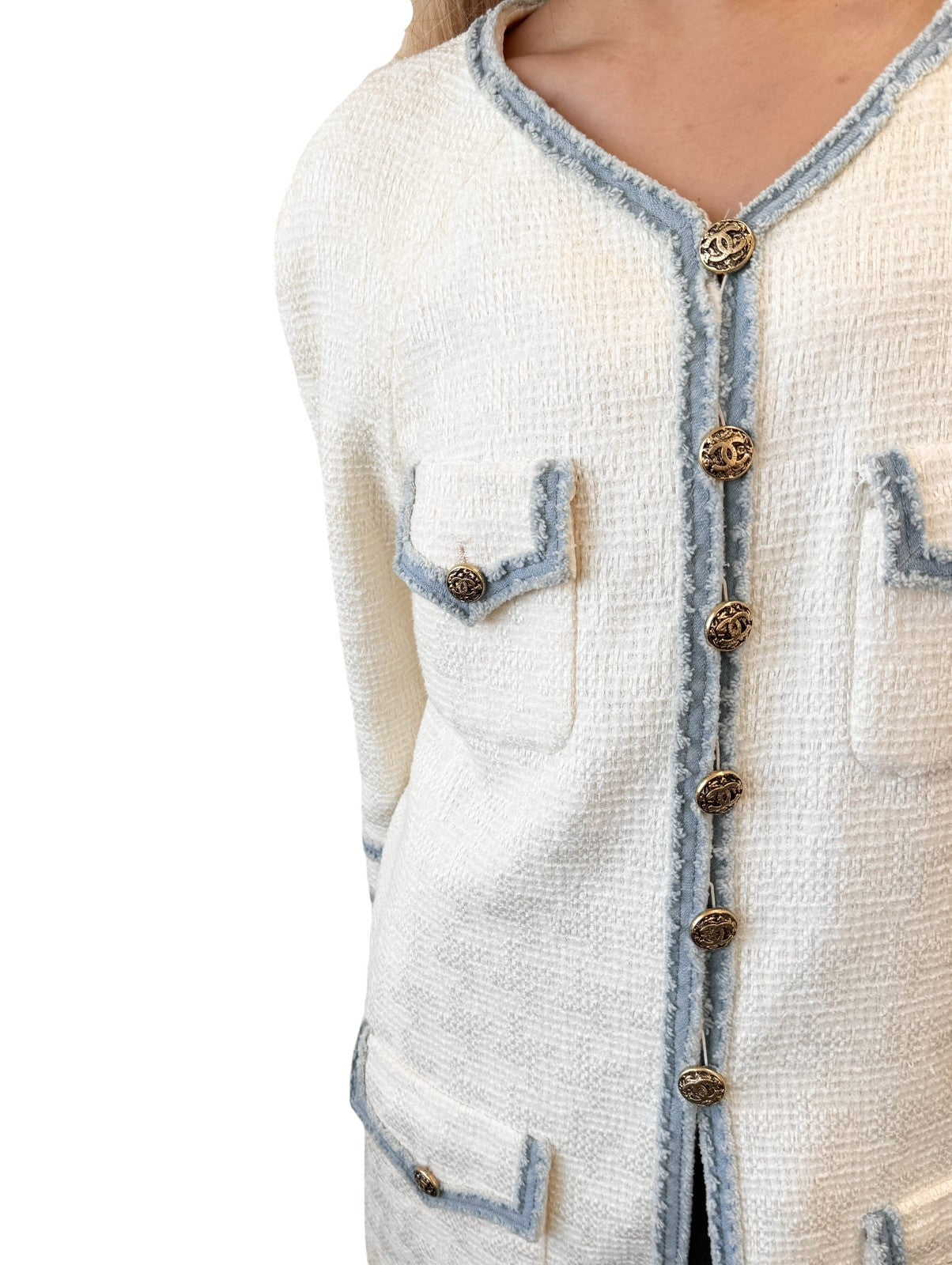 CHANEL Vintage 07P CC Logo Tweed Long Jacket Trim Denim #42 Blue White Button