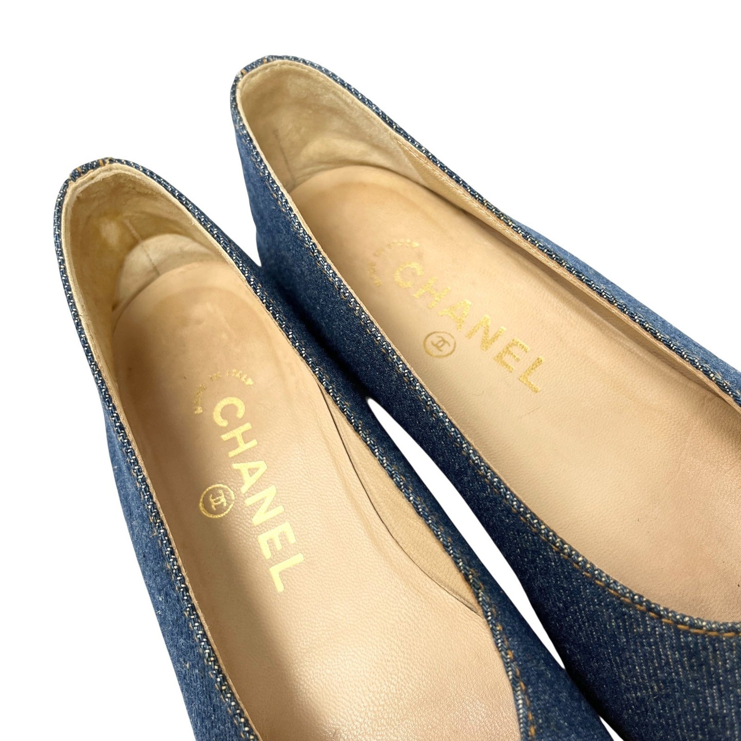 CHANEL Vintage 97P CC Mark Logo Denim Flat Shoes #36 Stitch Blue Beige Cotton