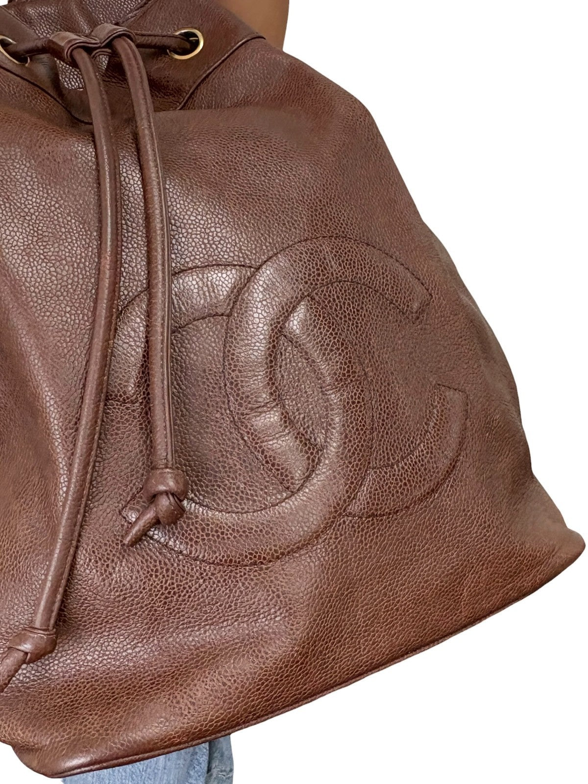 CHANEL Vintage CC Logo Drawstring Backpack Bag Brown Gold Leather 902312