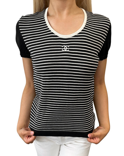 CHANEL Vintage CC Mark Logo Stripe T-shirt Top #40 Black White Cotton 106910