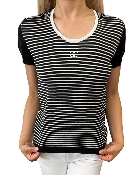 CHANEL Vintage CC Mark Logo Stripe T-shirt Top #40 Black White Cotton 106910