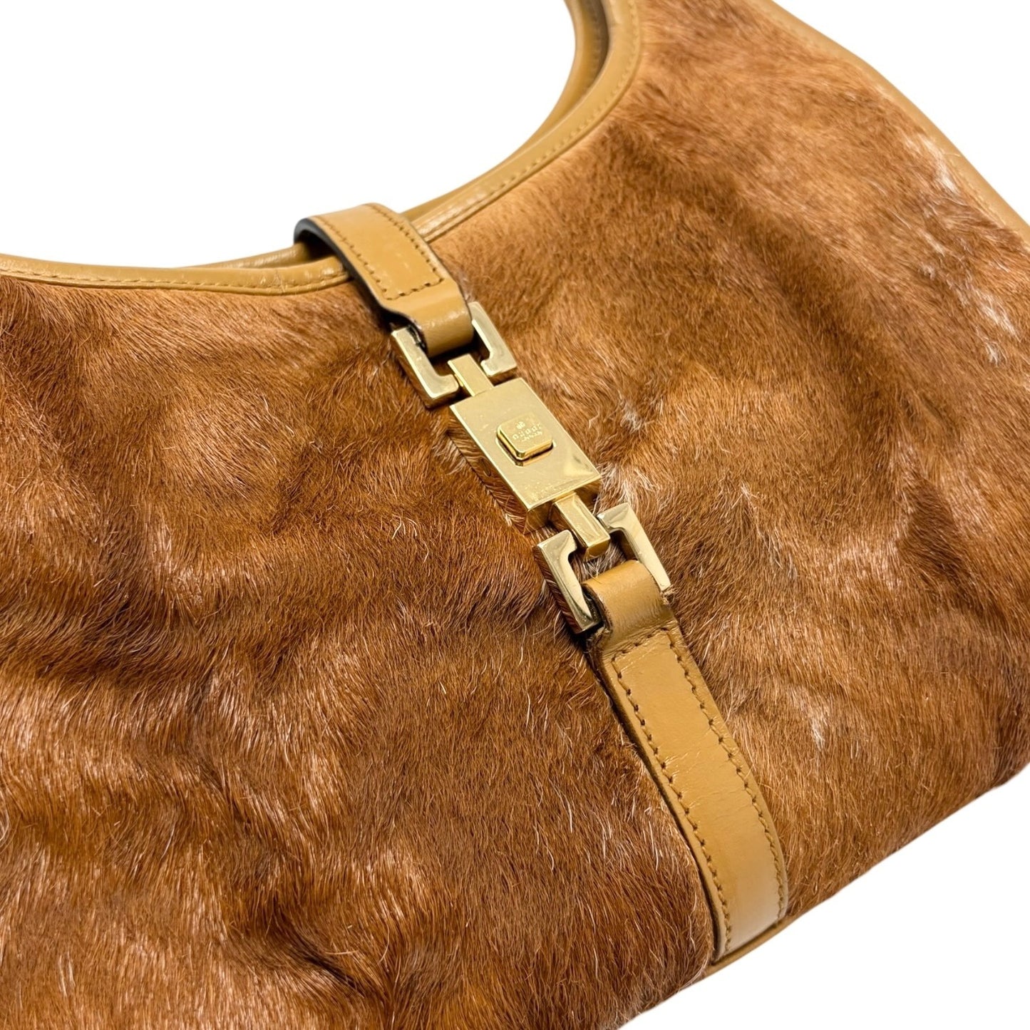 GUCCI Vintage Logo Jackie Pony Calf Hair Shoulder Bag Brown Gold 901855