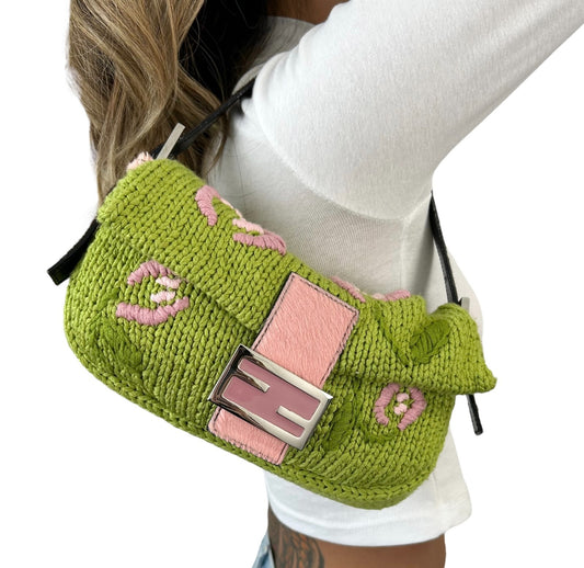FENDI Vintage FF Mamma Baguette Crochet Shoulder Bag Flower Green Pink Wool