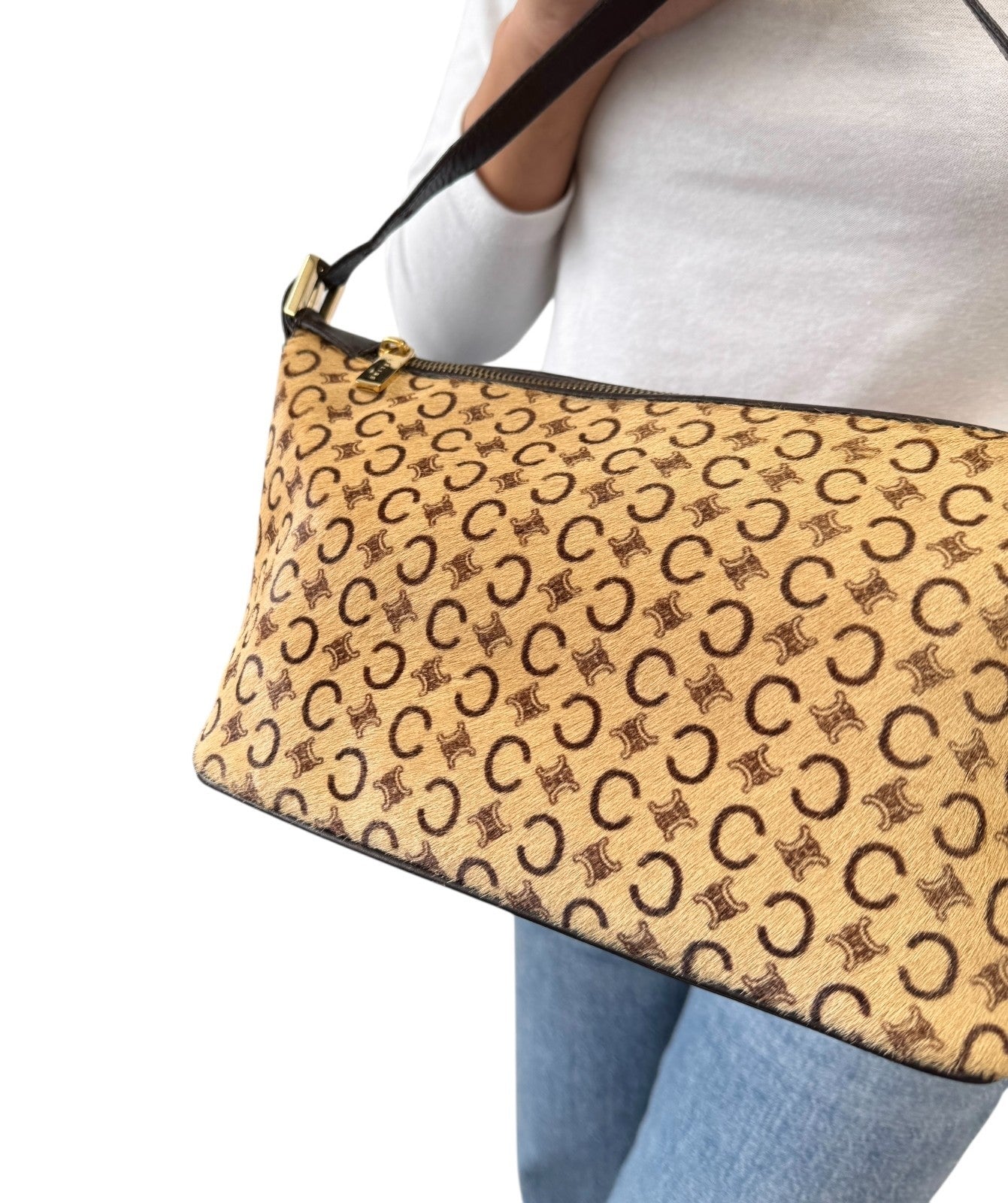 CELINE Vintage Macadam Logo Shoulder Bag Beige Brown Pony Calf Hair Leather