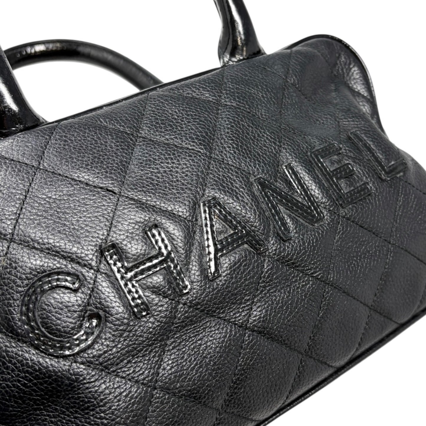 CHANEL Vintage CC Big Logo Quilted Leather Mini Bowling Boston Bag Black Silver