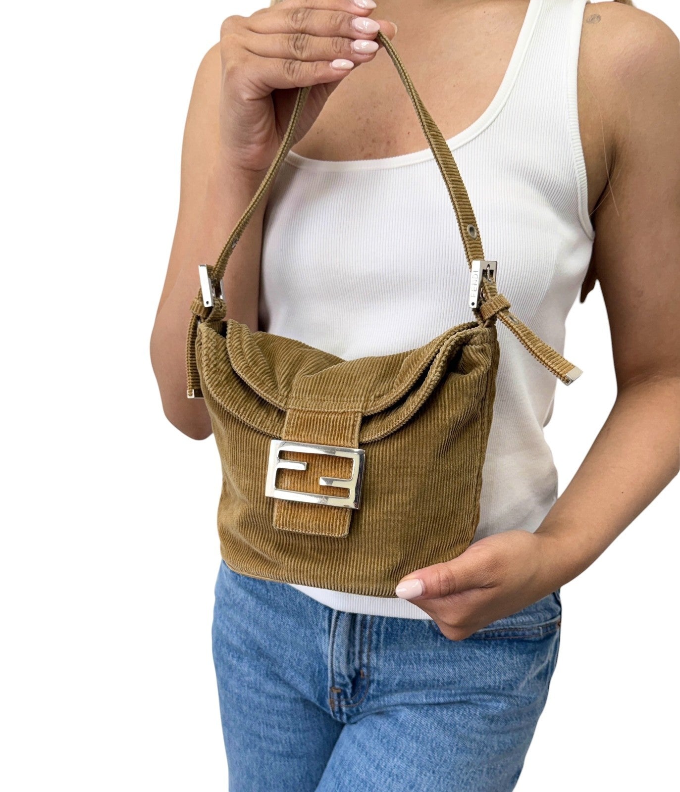 FENDI Vintage FF Logo Mamma Baguette Mini Shoulder Bag Beige Corduroy 901886