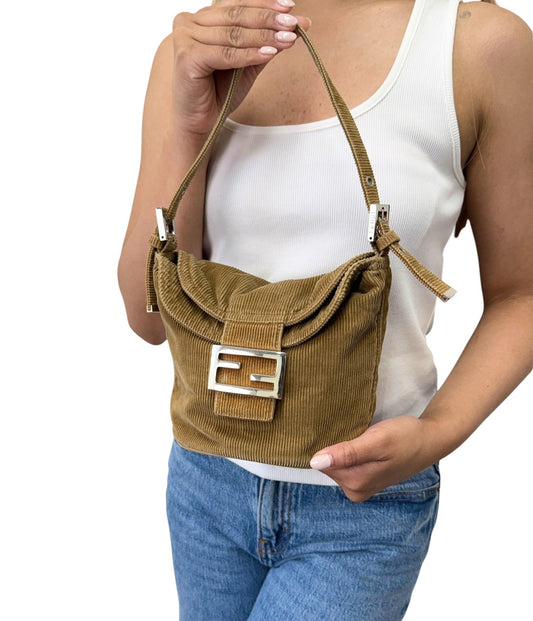 FENDI Vintage FF Logo Mamma Baguette Mini Shoulder Bag Beige Corduroy 901886