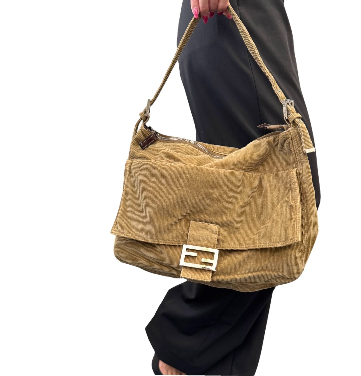 FENDI Vintage FF Logo Mamma Baguette Corduroy Shoulder Bag Beige Silver