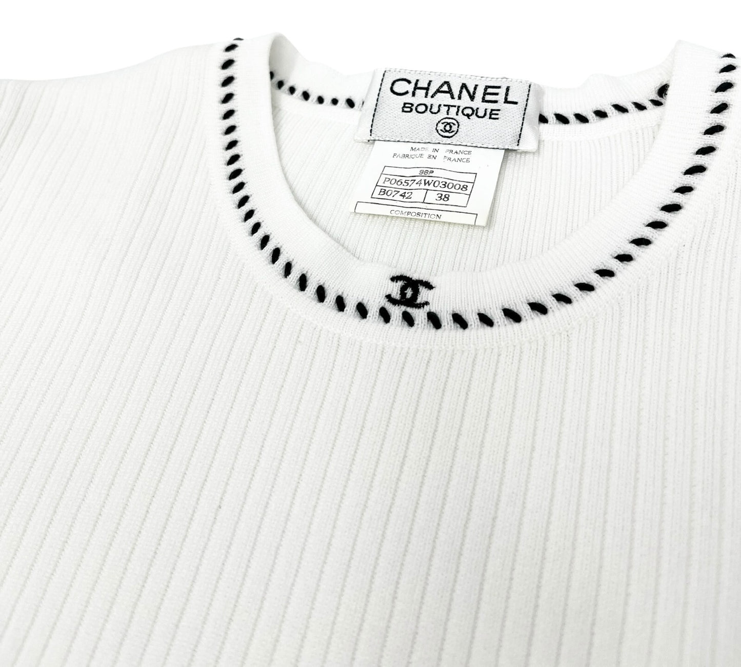 CHANEL Vintage 96P CC Rib Knit Top #38 Stitch Pullover White Black Cotton