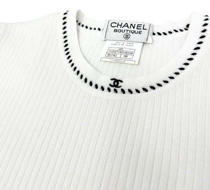 CHANEL Vintage 96P CC Rib Knit Top #38 Stitch Pullover White Black Cotton